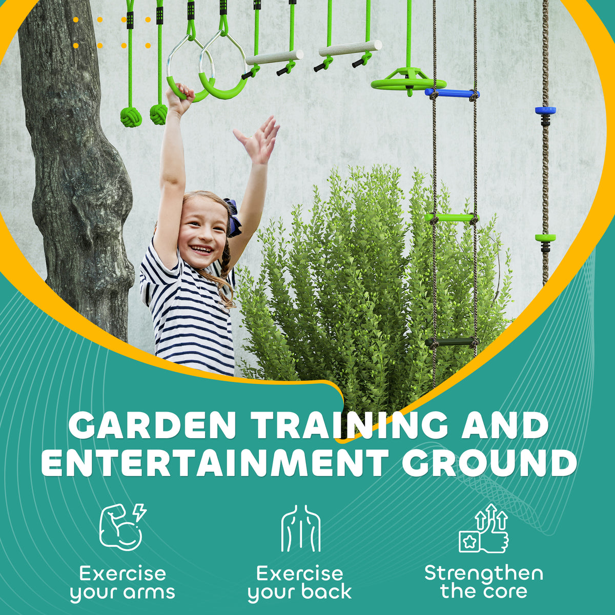 Obstacle course for Kids, with 10-Piece Slackline Kit with Monkey Bars, Gym Rings, Rope Ladder, Nest Swing, Hanging Tray-Toys & Games > Kids Outdoor Play > Gym Sets & Swings-DECOROLALA