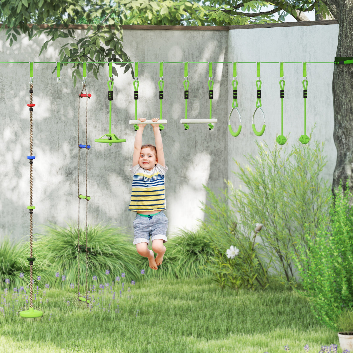 Obstacle course for Kids, with 10-Piece Slackline Kit with Monkey Bars, Gym Rings, Rope Ladder, Nest Swing, Hanging Tray-Toys & Games > Kids Outdoor Play > Gym Sets & Swings-DECOROLALA