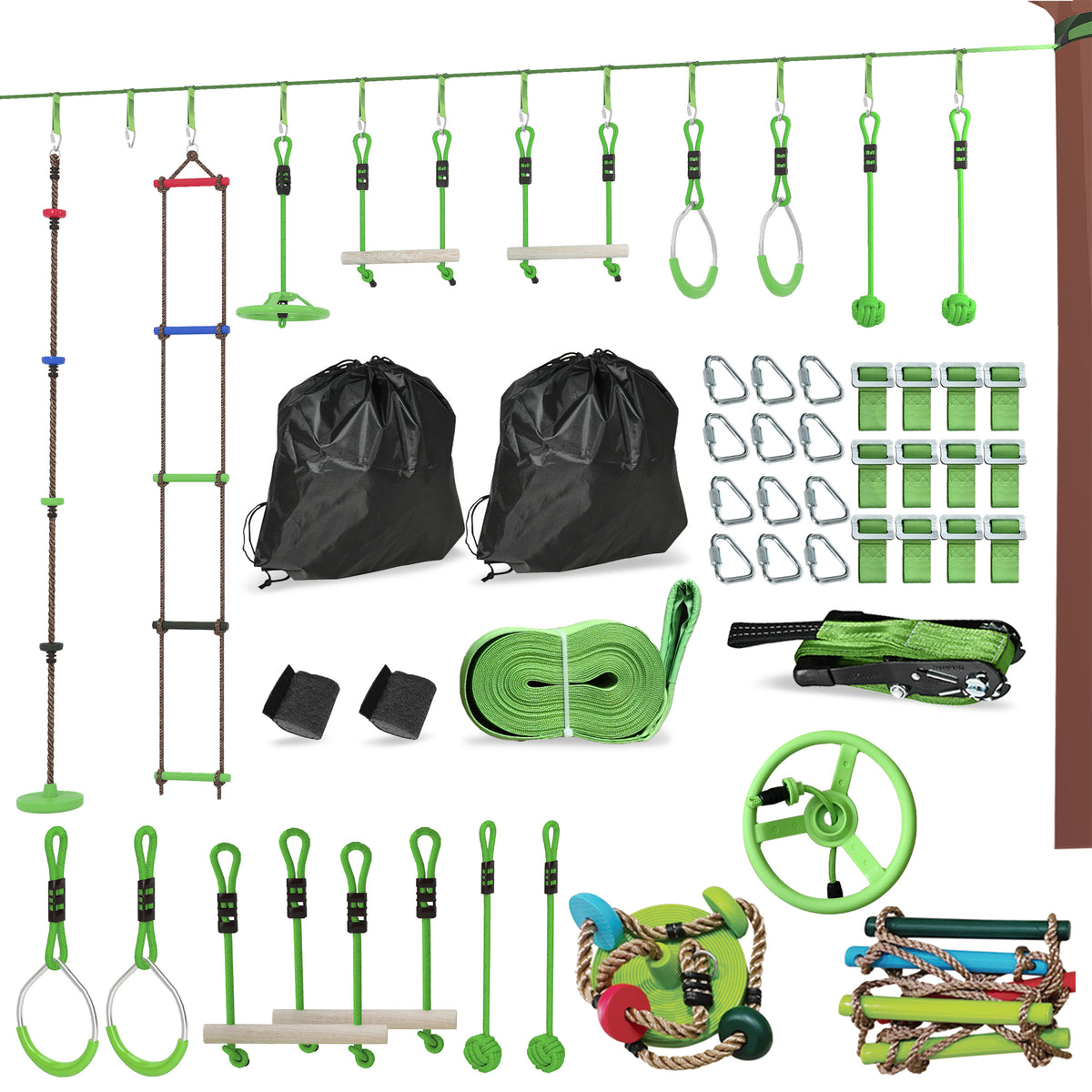 Obstacle course for Kids, with 10-Piece Slackline Kit with Monkey Bars, Gym Rings, Rope Ladder, Nest Swing, Hanging Tray-Toys & Games > Kids Outdoor Play > Gym Sets & Swings-DECOROLALA
