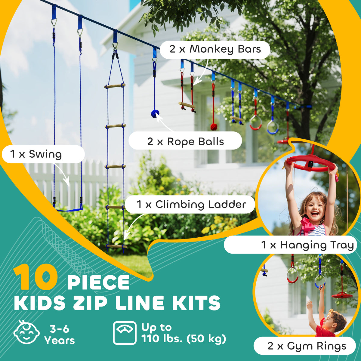 32.8' Ninja Warrior Obstacle Course for Kids 3-6 Years, with Swing, Monkey Bars, Climbing Ladder, Gym Rings, Blue-Toys & Games > Kids Outdoor Play > Gym Sets & Swings-DECOROLALA