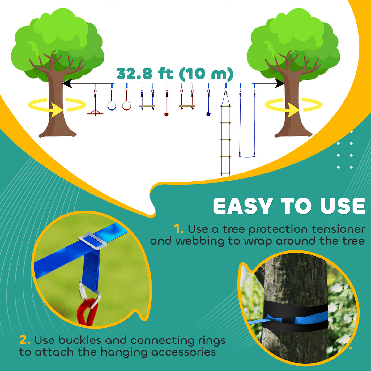 32.8' Ninja Warrior Obstacle Course for Kids 3-6 Years, with Swing, Monkey Bars, Climbing Ladder, Gym Rings, Blue-Toys & Games > Kids Outdoor Play > Gym Sets & Swings-DECOROLALA