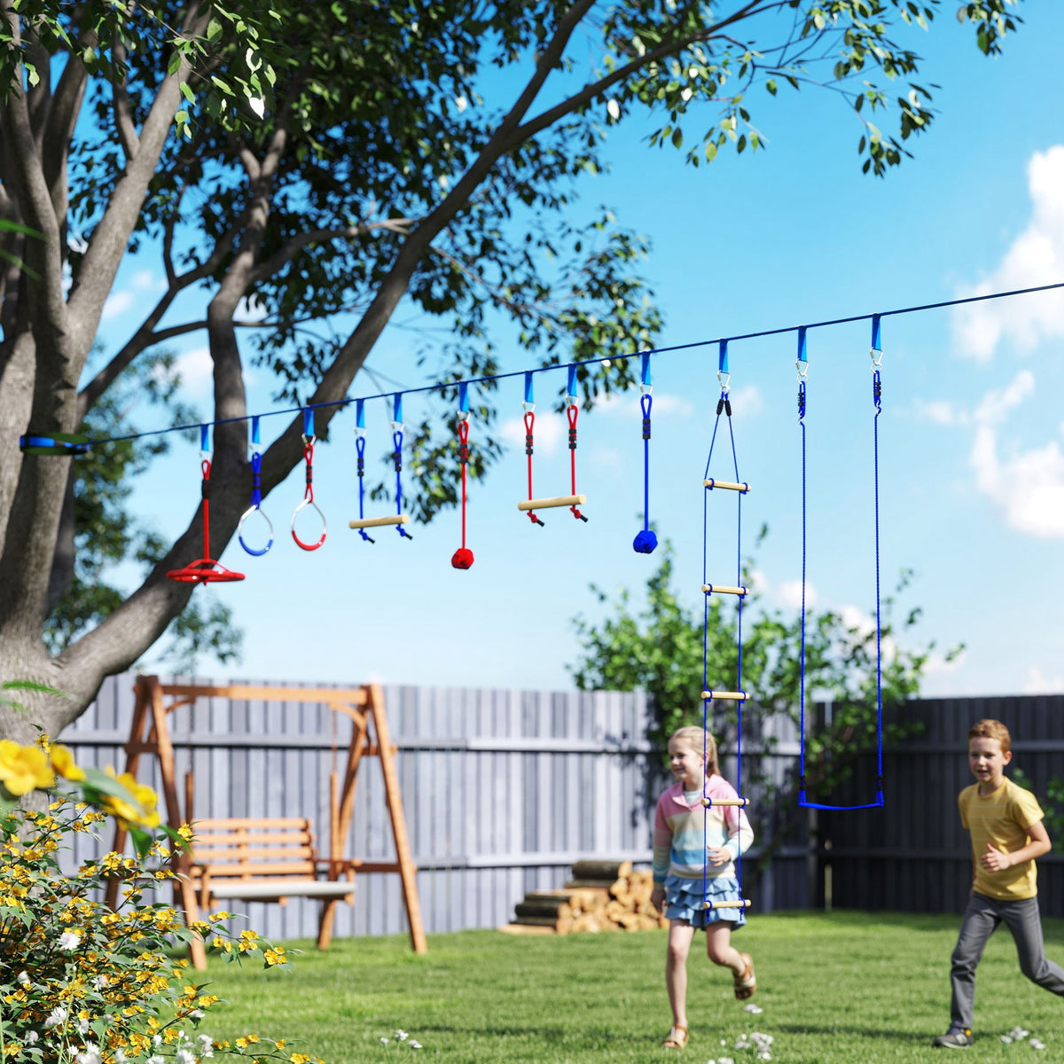 32.8' Ninja Warrior Obstacle Course for Kids 3-6 Years, with Swing, Monkey Bars, Climbing Ladder, Gym Rings, Blue-Toys & Games > Kids Outdoor Play > Gym Sets & Swings-DECOROLALA