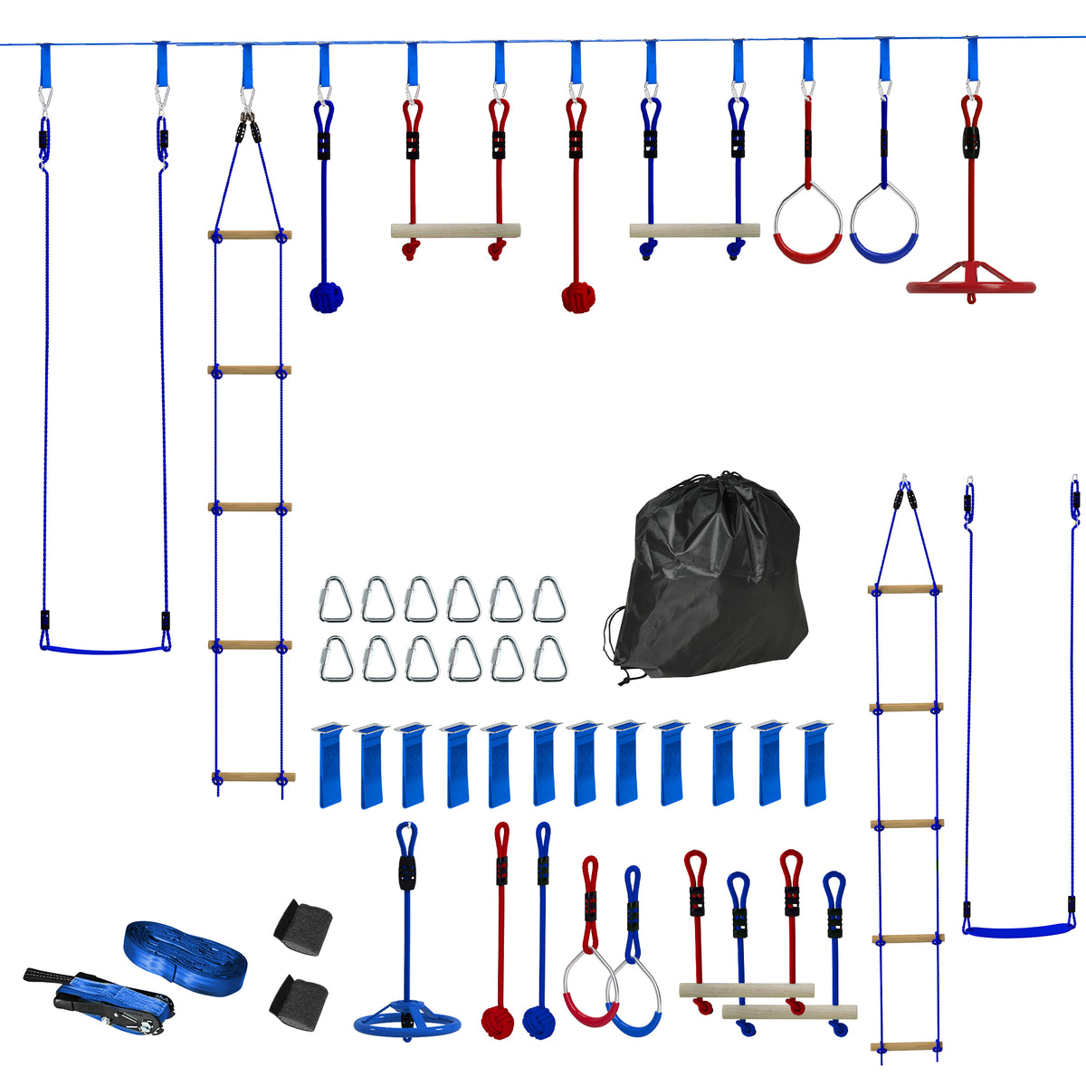 32.8' Ninja Warrior Obstacle Course for Kids 3-6 Years, with Swing, Monkey Bars, Climbing Ladder, Gym Rings, Blue-Toys & Games > Kids Outdoor Play > Gym Sets & Swings-DECOROLALA