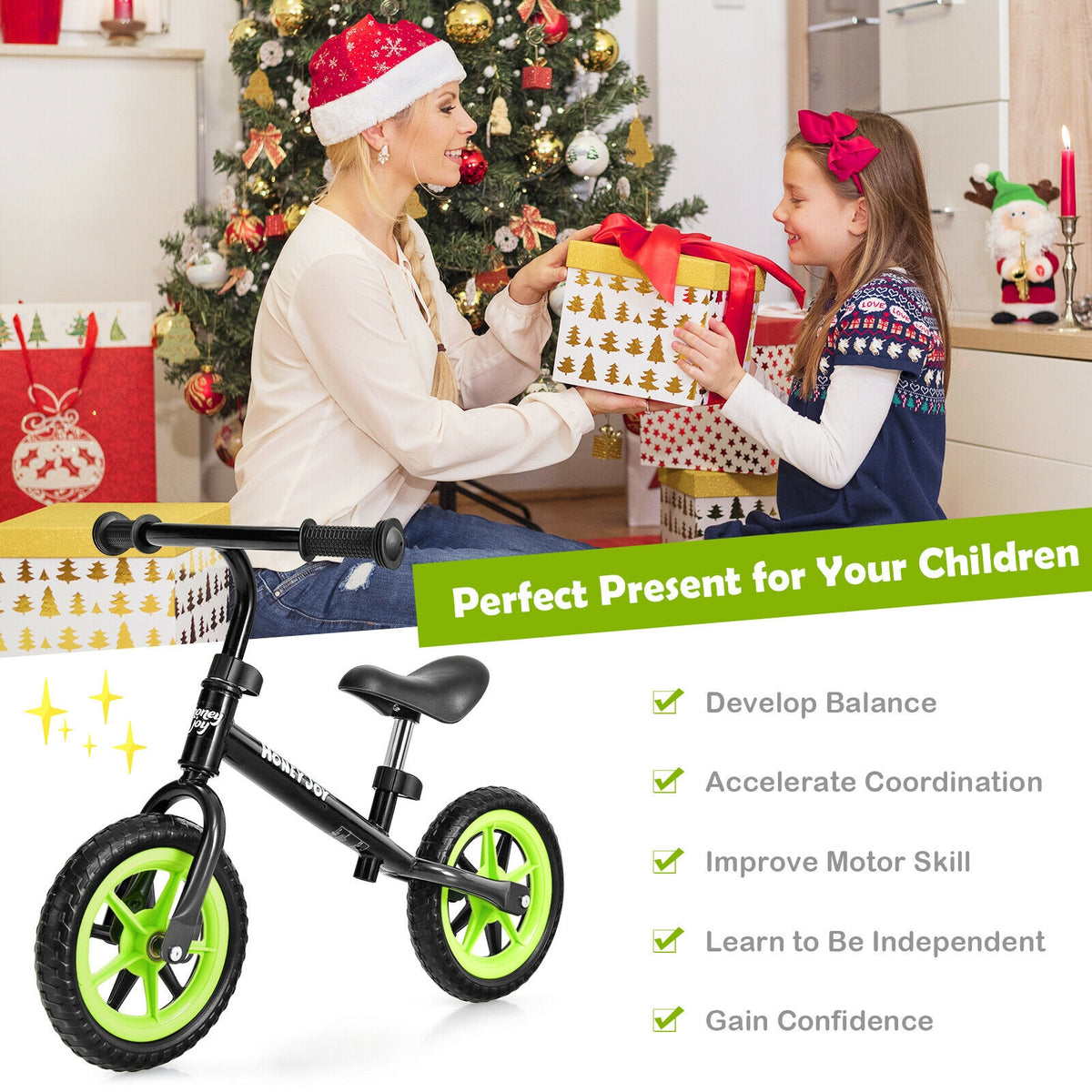 Kids No Pedal Balance Bike with Adjustable Handlebar and Seat