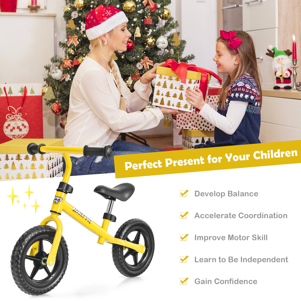 Kids No Pedal Balance Bike with Adjustable Handlebar and Seat