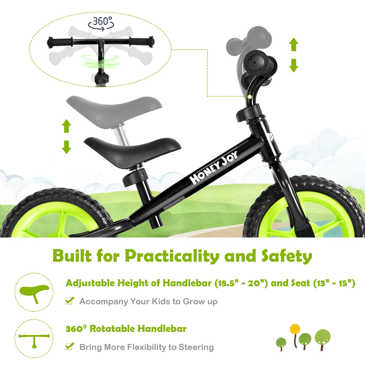 Kids No Pedal Balance Bike with Adjustable Handlebar and Seat