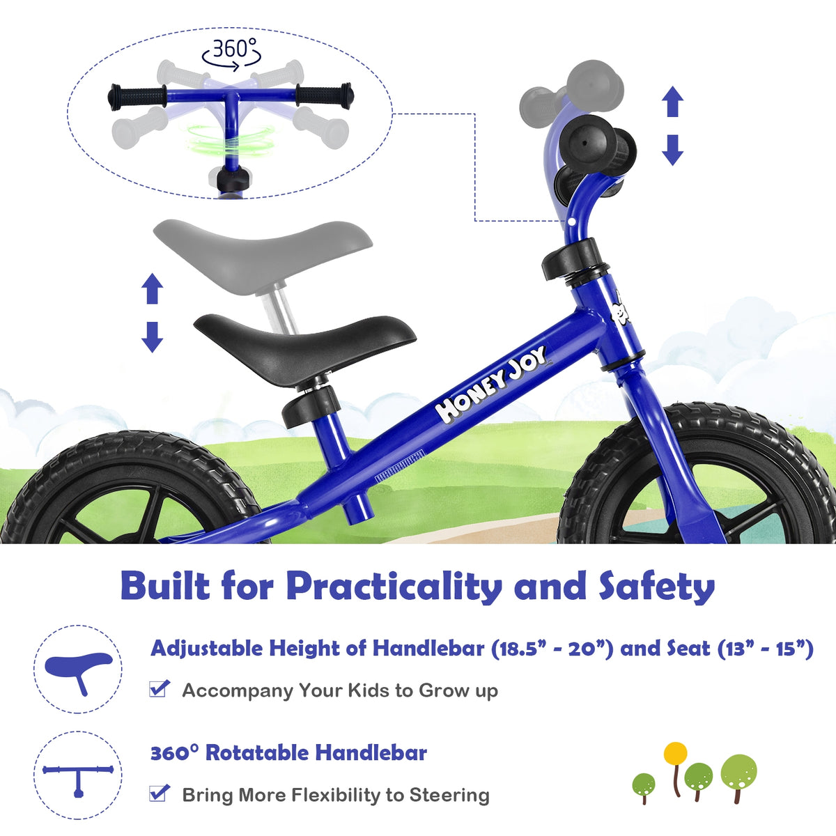 Kids No Pedal Balance Bike with Adjustable Handlebar and Seat