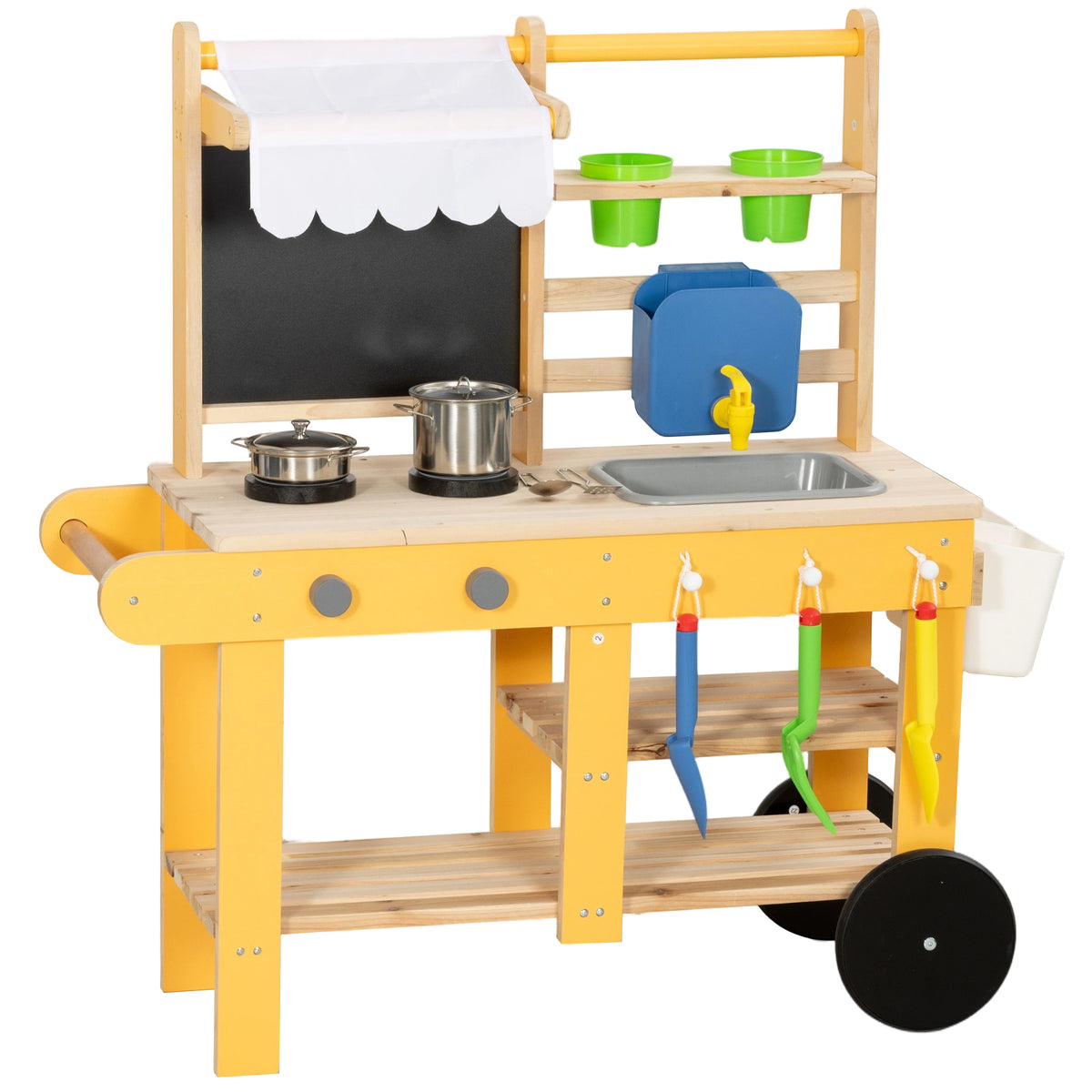 Mud Kitchen for Kids Outdoor with Wheels, Wooden Play Kitchen with Sink, Storage, Planting Pots, Blackboard, Yellow-Toys & Games > Baby & Toddler Toys > Toy Playsets > Play Kitchen-DECOROLALA