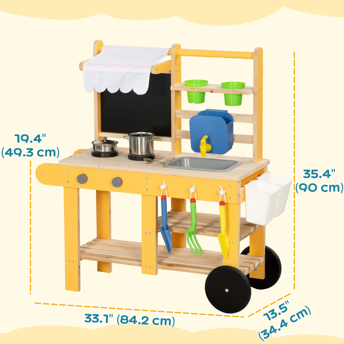 Mud Kitchen for Kids Outdoor with Wheels, Wooden Play Kitchen with Sink, Storage, Planting Pots, Blackboard, Yellow-Toys & Games > Baby & Toddler Toys > Toy Playsets > Play Kitchen-DECOROLALA