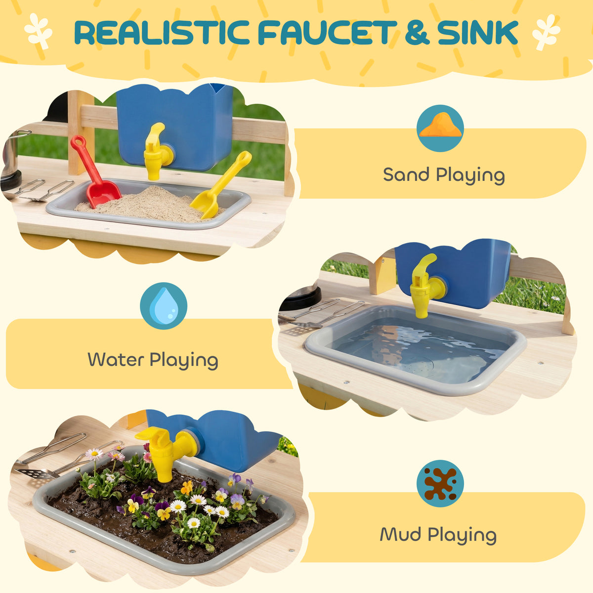 Mud Kitchen for Kids Outdoor with Wheels, Wooden Play Kitchen with Sink, Storage, Planting Pots, Blackboard, Yellow-Toys & Games > Baby & Toddler Toys > Toy Playsets > Play Kitchen-DECOROLALA