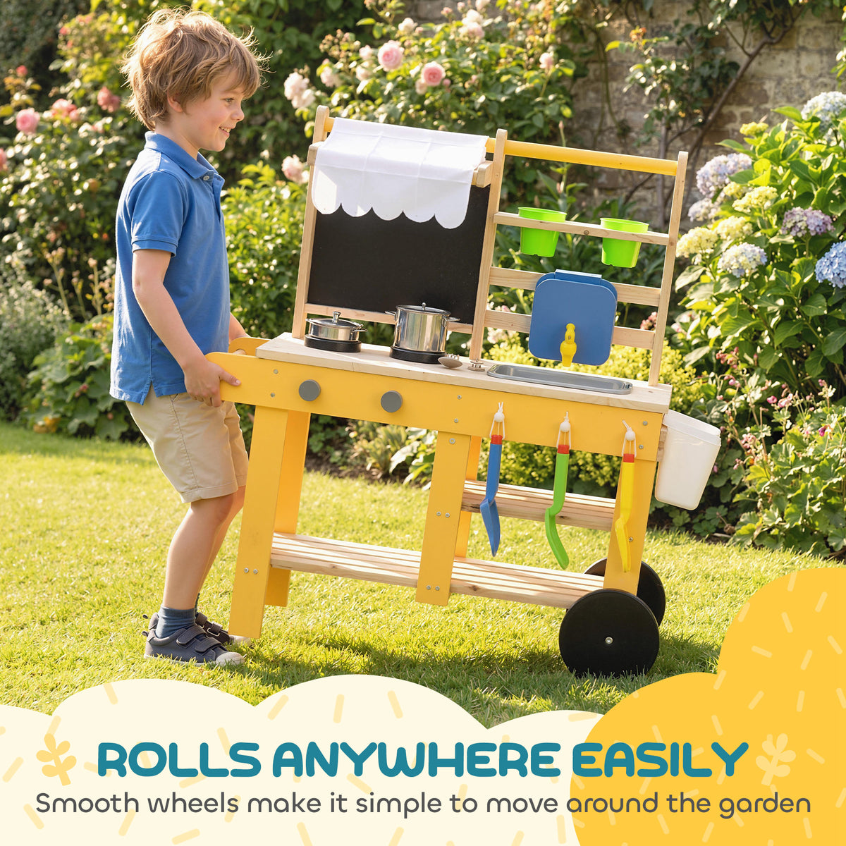 Mud Kitchen for Kids Outdoor with Wheels, Wooden Play Kitchen with Sink, Storage, Planting Pots, Blackboard, Yellow-Toys & Games > Baby & Toddler Toys > Toy Playsets > Play Kitchen-DECOROLALA