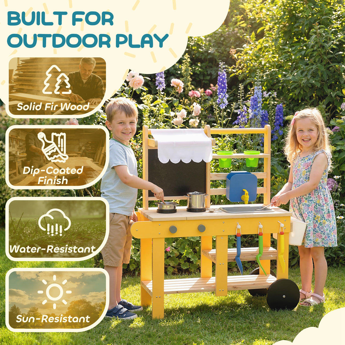 Mud Kitchen for Kids Outdoor with Wheels, Wooden Play Kitchen with Sink, Storage, Planting Pots, Blackboard, Yellow-Toys & Games > Baby & Toddler Toys > Toy Playsets > Play Kitchen-DECOROLALA