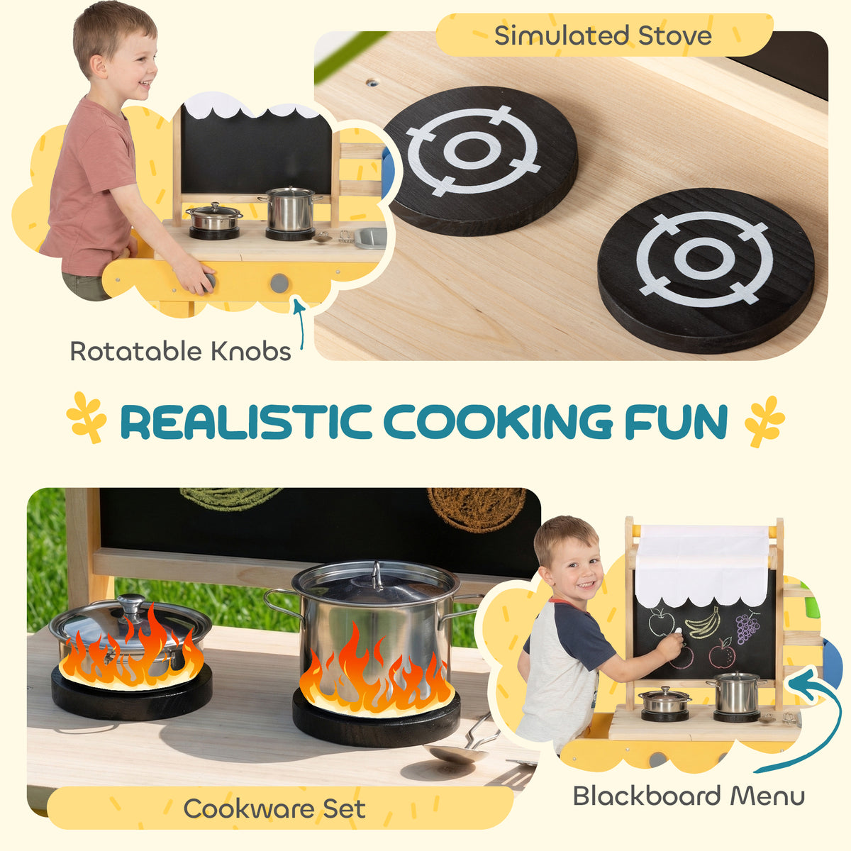 Mud Kitchen for Kids Outdoor with Wheels, Wooden Play Kitchen with Sink, Storage, Planting Pots, Blackboard, Yellow-Toys & Games > Baby & Toddler Toys > Toy Playsets > Play Kitchen-DECOROLALA