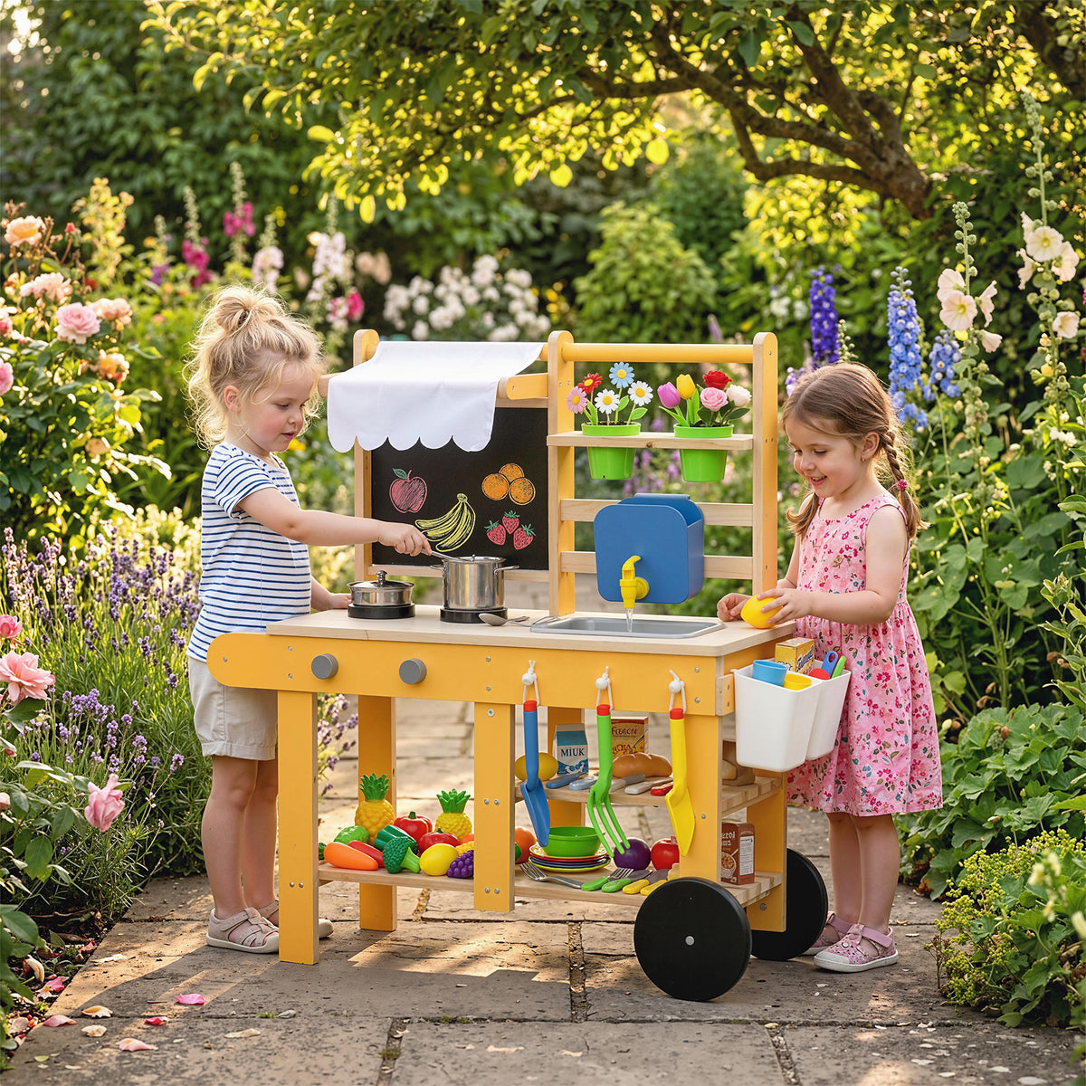 Mud Kitchen for Kids Outdoor with Wheels, Wooden Play Kitchen with Sink, Storage, Planting Pots, Blackboard, Yellow-Toys & Games > Baby & Toddler Toys > Toy Playsets > Play Kitchen-DECOROLALA