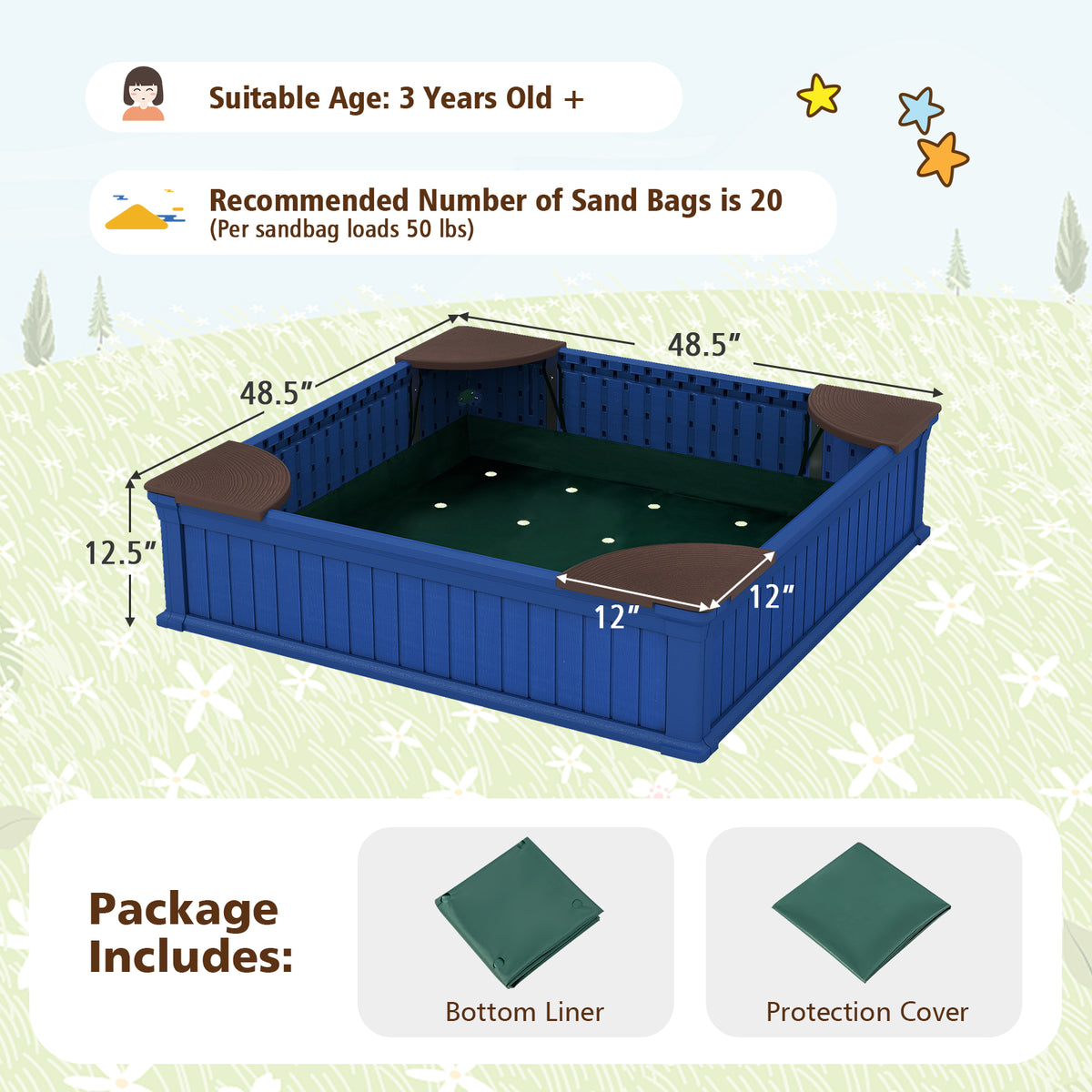Kids Outdoor Sandbox with Oxford Cover and 4 Corner Seats