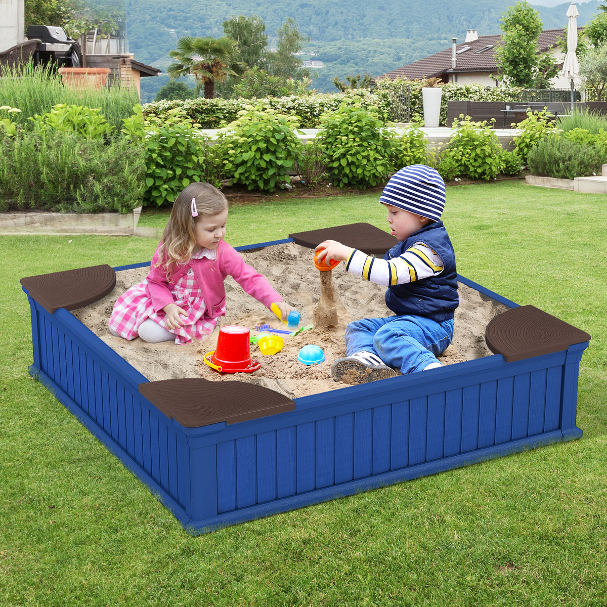 Kids Outdoor Sandbox with Oxford Cover and 4 Corner Seats