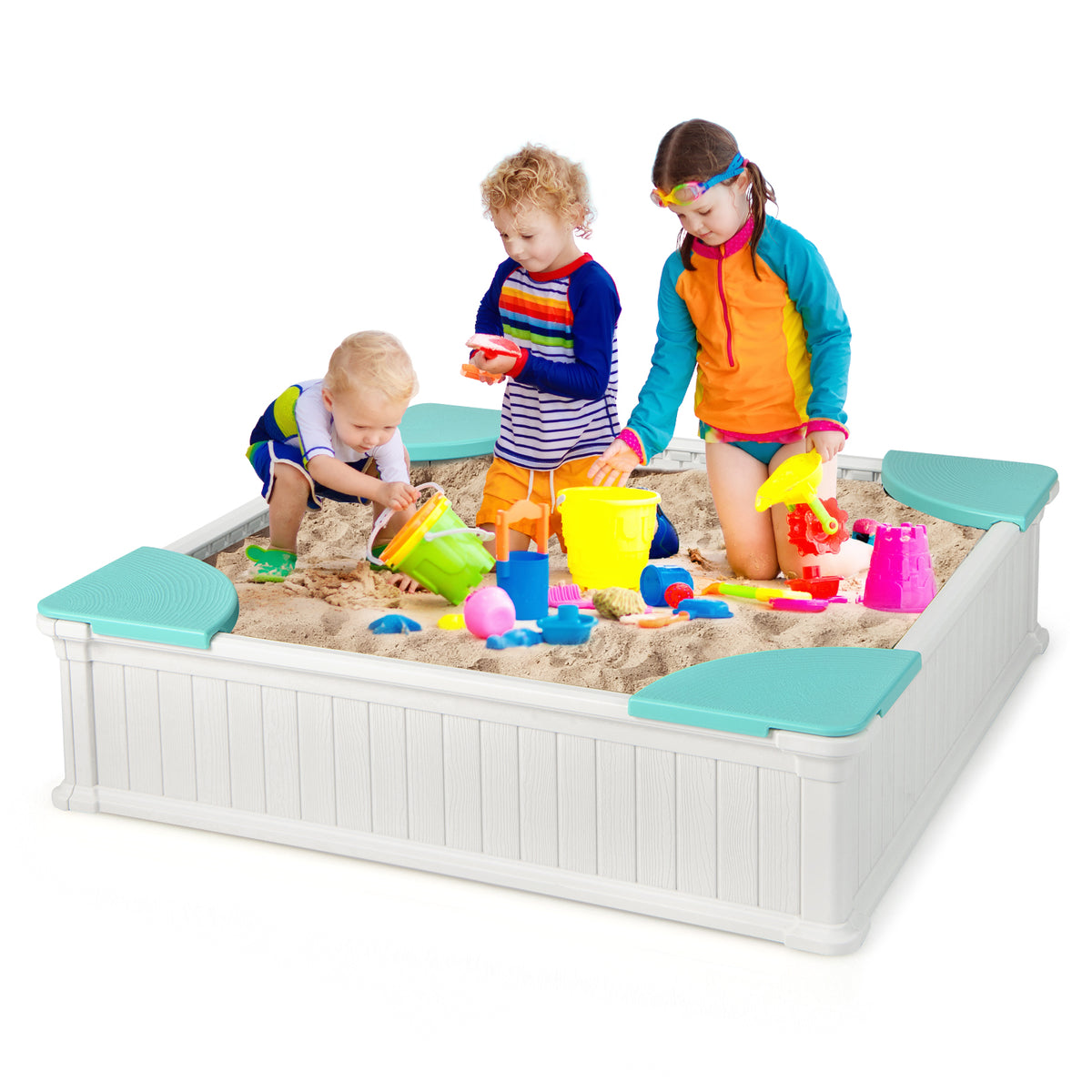 Bac à sable extérieur pour enfants avec housse en tissu Oxford et 4 sièges d’angle