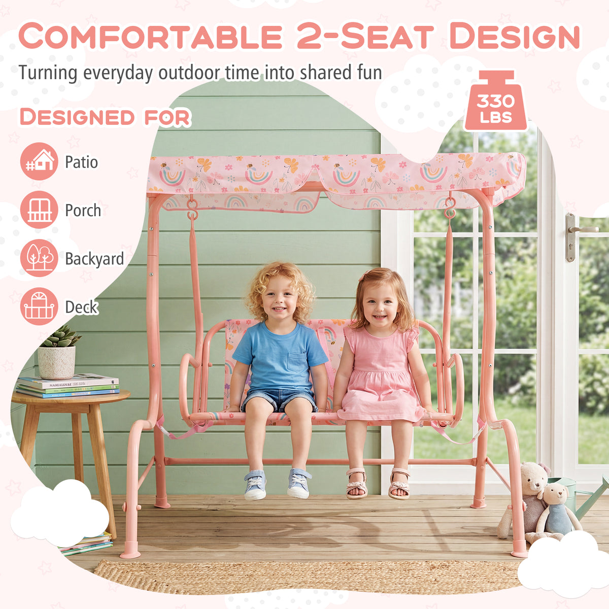 Kids Patio Swing 2-Seater Outdoor Porch Swing Lounge Chair with Adjustable Canopy