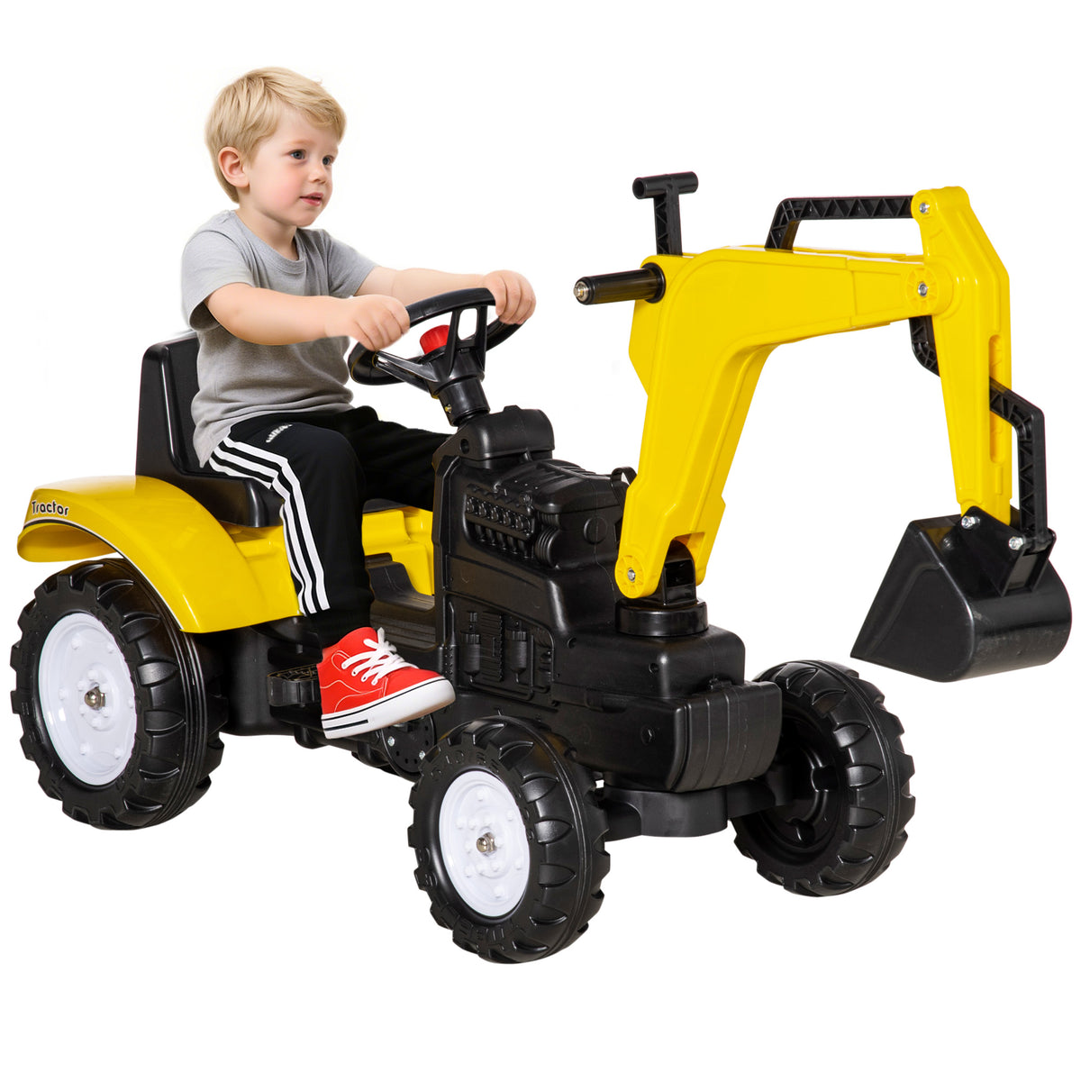 Ride on Tractor for Kids, Pedal Excavator Ride on Toy with Controllable Front Bucket for 3 Years Old, Yellow-Toys & Games > Baby & Toddler Toys > Riding & Rocking Toys > Toy Excavators-DECOROLALA