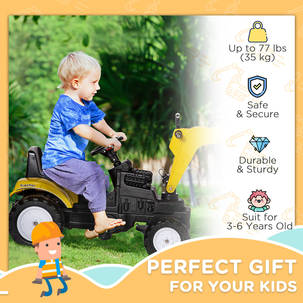 Ride on Tractor for Kids, Pedal Excavator Ride on Toy with Controllable Front Bucket for 3 Years Old, Yellow-Toys & Games > Baby & Toddler Toys > Riding & Rocking Toys > Toy Excavators-DECOROLALA