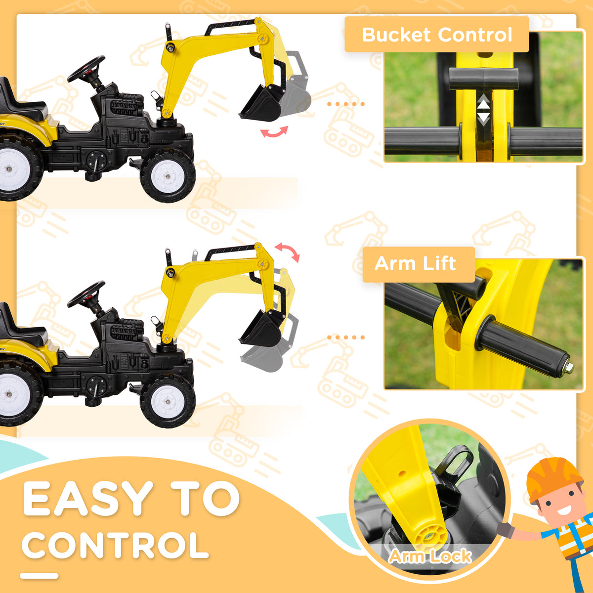 Ride on Tractor for Kids, Pedal Excavator Ride on Toy with Controllable Front Bucket for 3 Years Old, Yellow-Toys & Games > Baby & Toddler Toys > Riding & Rocking Toys > Toy Excavators-DECOROLALA