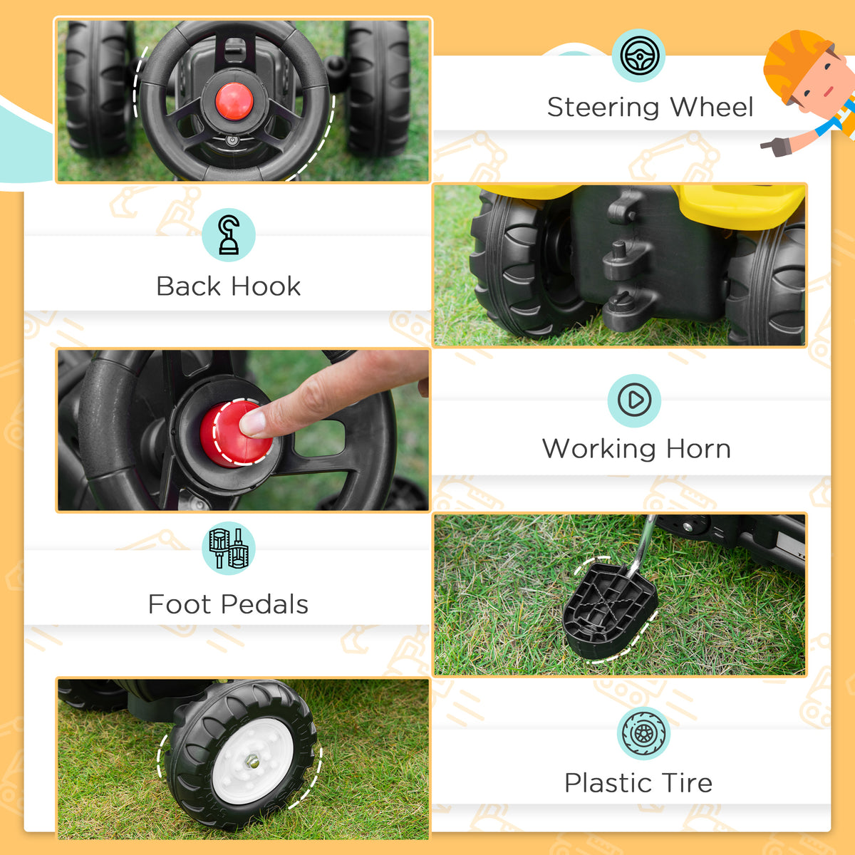Ride on Tractor for Kids, Pedal Excavator Ride on Toy with Controllable Front Bucket for 3 Years Old, Yellow-Toys & Games > Baby & Toddler Toys > Riding & Rocking Toys > Toy Excavators-DECOROLALA