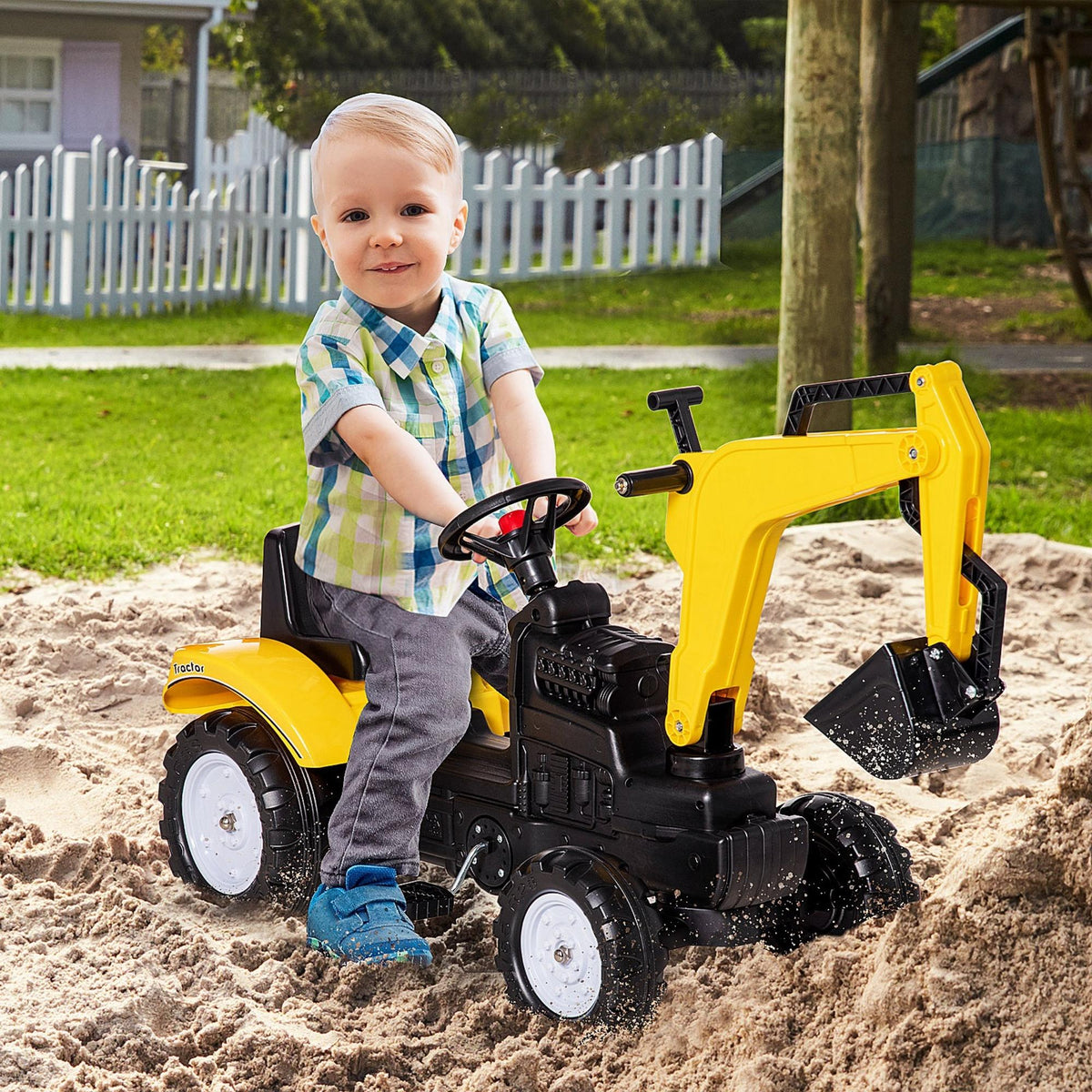 Ride on Tractor for Kids, Pedal Excavator Ride on Toy with Controllable Front Bucket for 3 Years Old, Yellow-Toys & Games > Baby & Toddler Toys > Riding & Rocking Toys > Toy Excavators-DECOROLALA