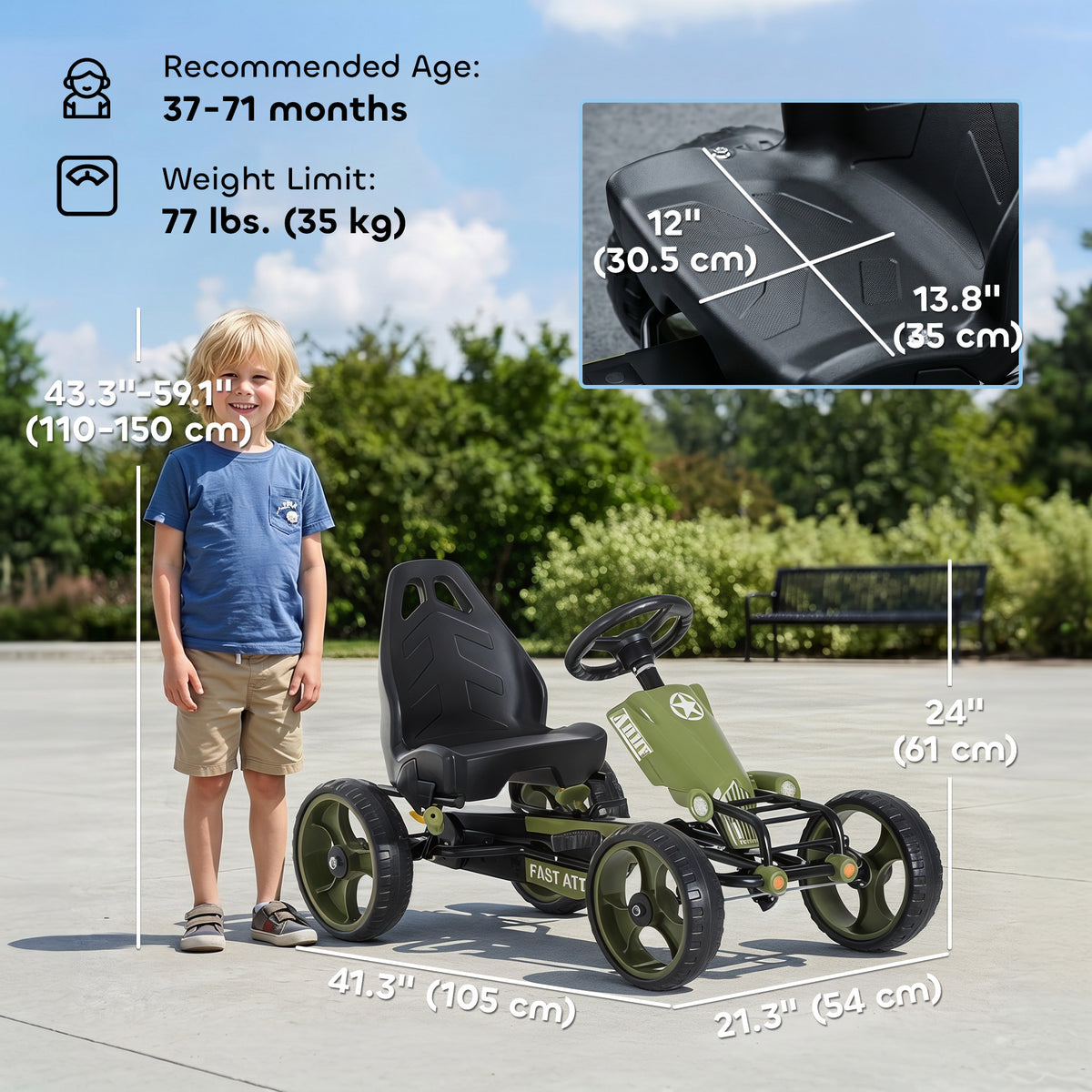 Pedal Go Kart with Adjustable Seat, EVA Tyres, Safety Handbrake, for Ages 3-6 Years Old, Green-Toys & Games > Baby & Toddler Toys > Riding & Rocking Toys > Pedal Go Karts for Kids-DECOROLALA