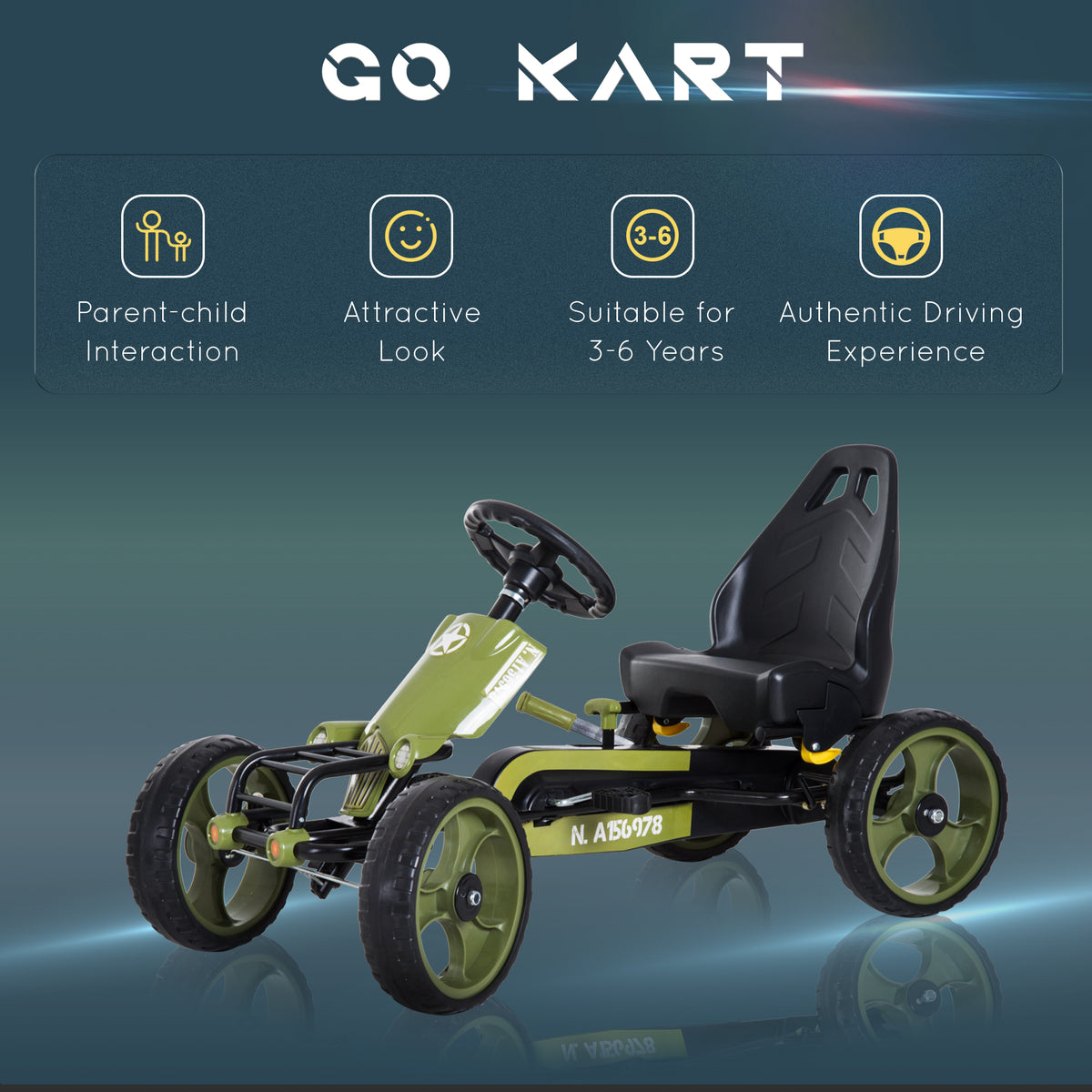 Pedal Go Kart with Adjustable Seat, EVA Tyres, Safety Handbrake, for Ages 3-6 Years Old, Green-Toys & Games > Baby & Toddler Toys > Riding & Rocking Toys > Pedal Go Karts for Kids-DECOROLALA