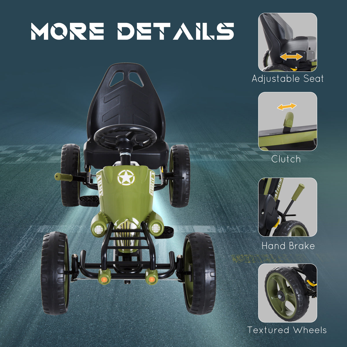 Pedal Go Kart with Adjustable Seat, EVA Tyres, Safety Handbrake, for Ages 3-6 Years Old, Green-Toys & Games > Baby & Toddler Toys > Riding & Rocking Toys > Pedal Go Karts for Kids-DECOROLALA