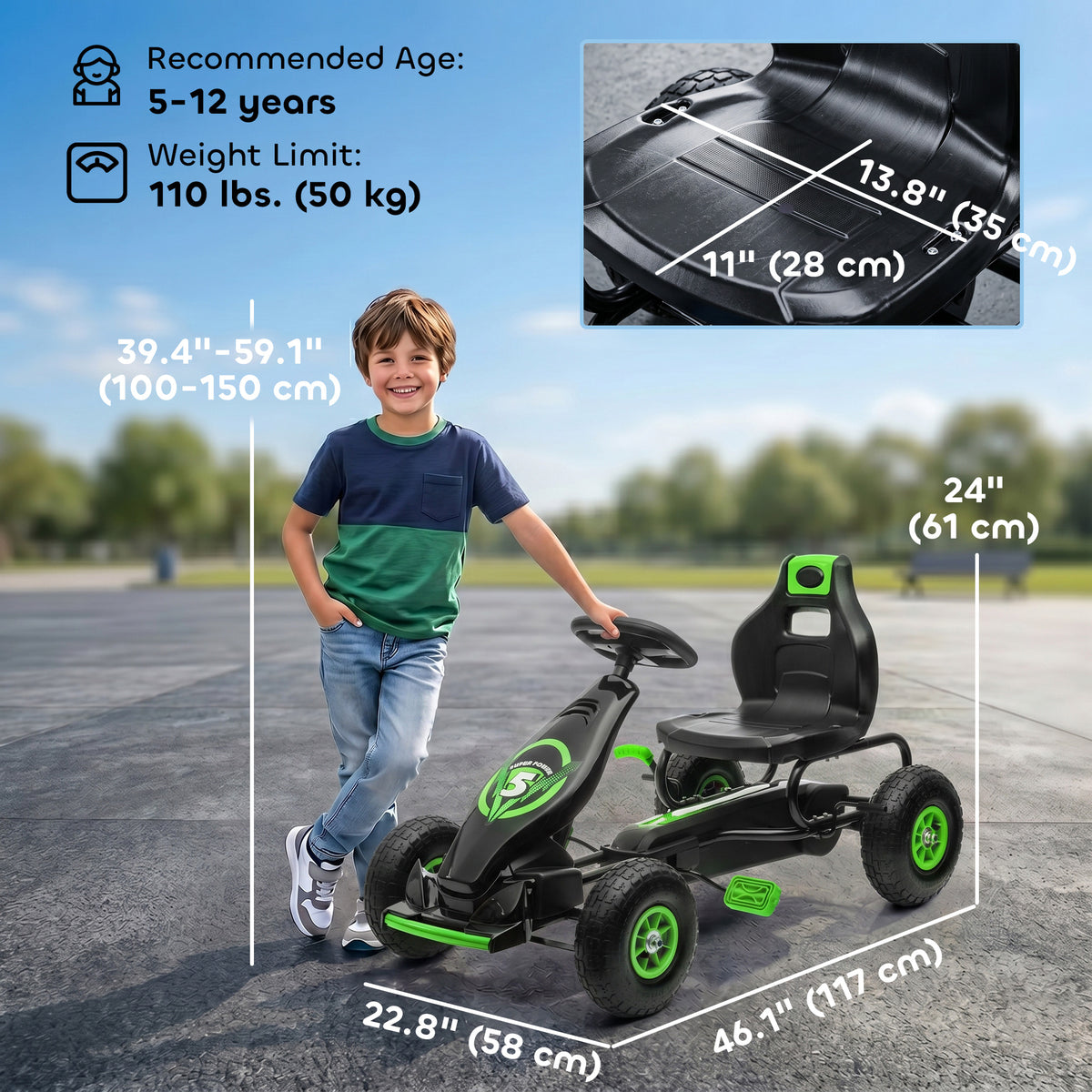 Kids Pedal Go Kart, Ride On Toys for Boys Girls with Ergonomic Adjustable Seat, Rubber Wheels Shock Absorb, Safety Hand Brake, Ages 5-12 Years Old-Toys & Games > Baby & Toddler Toys > Riding & Rocking Toys > Pedal Go Karts for Kids-DECOROLALA