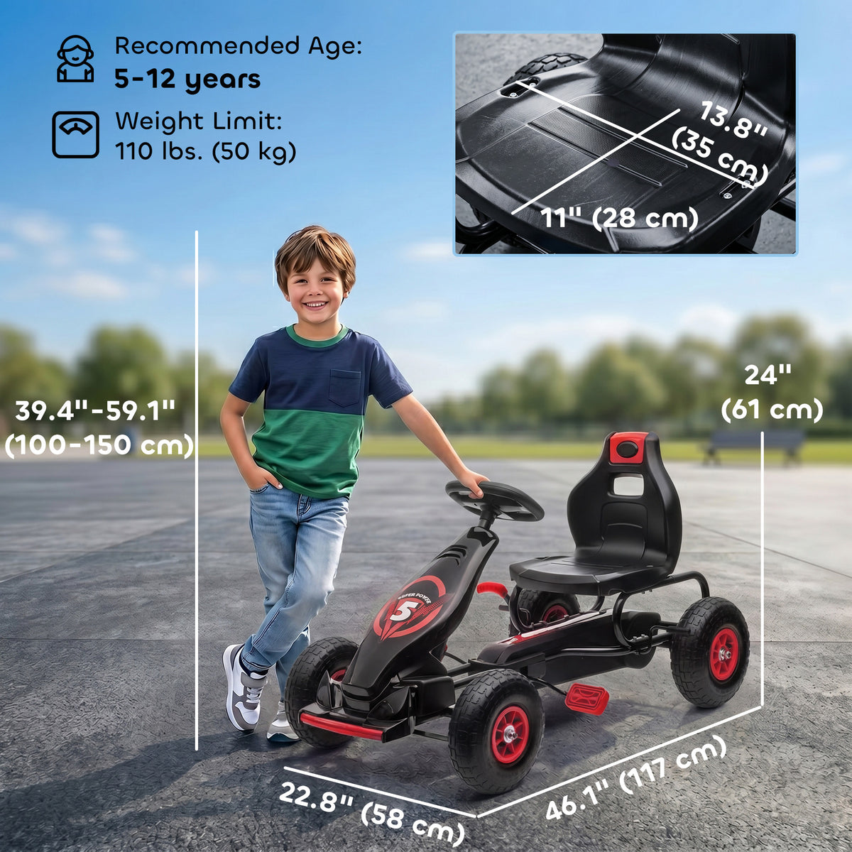 Kids Pedal Go Kart, Ride On Toys for Boys Girls with Ergonomic Adjustable Seat, Rubber Wheels Shock Absorb, Safety Hand Brake, Ages 5-12 Years Old-Toys & Games > Baby & Toddler Toys > Riding & Rocking Toys > Pedal Go Karts for Kids-DECOROLALA