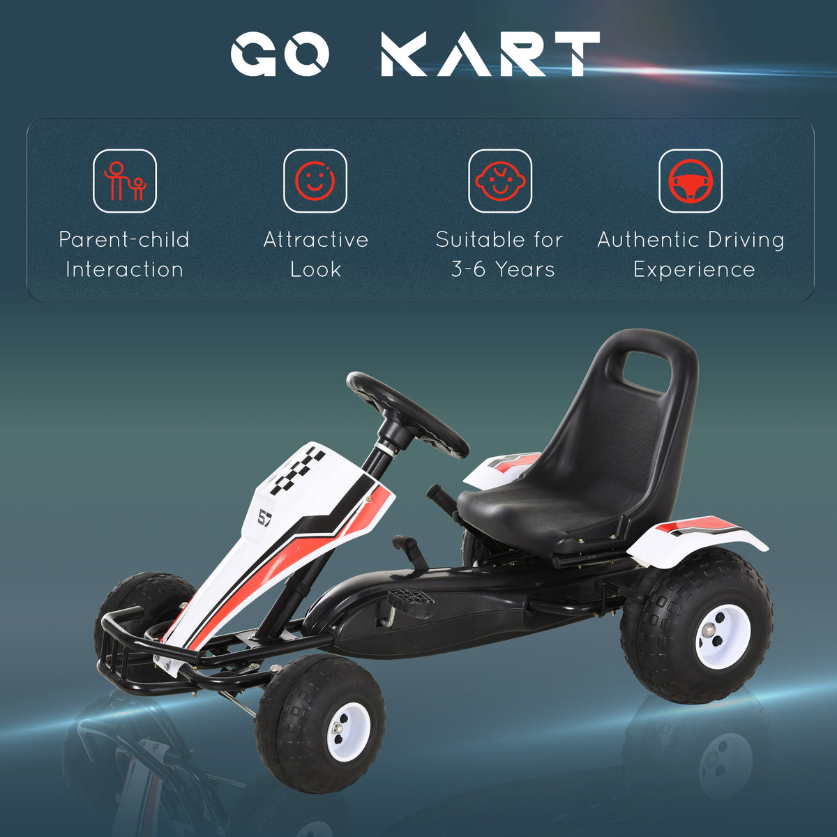 Kids Pedal Go Kart - Racing Style Ride-On Car, White 3-6 Years-Toys & Games > Baby & Toddler Toys > Riding & Rocking Toys > Pedal Go Karts for Kids-DECOROLALA