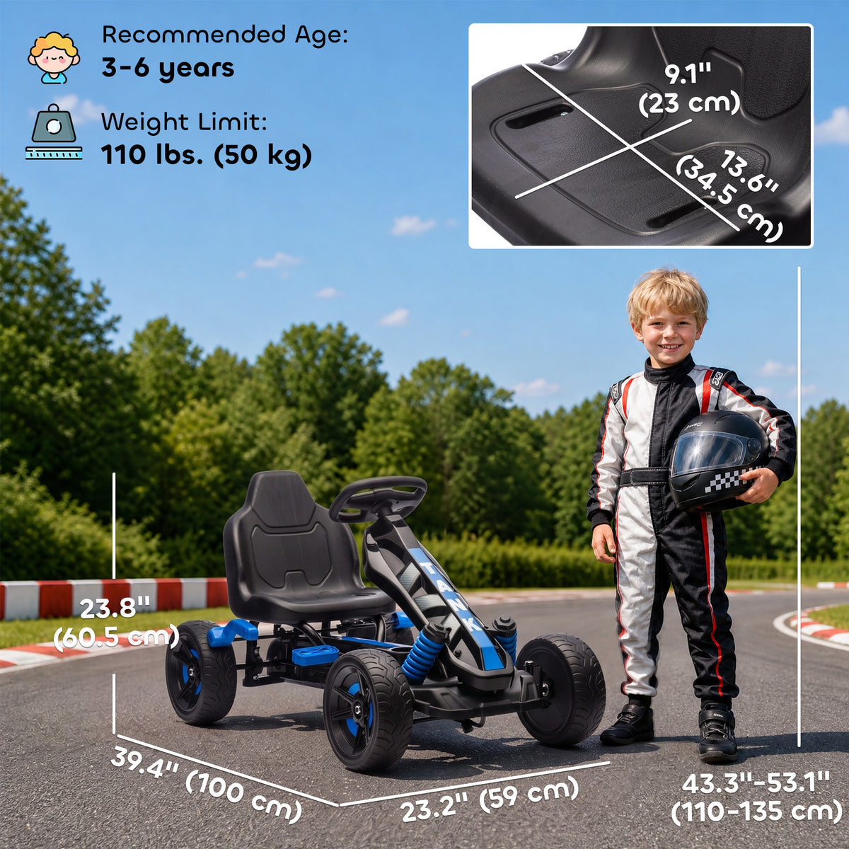 Kids Pedal Go Kart, Ride on Toy with Automatic Clutch, Brake, Non-Slip EVA Tires for Boys Girls 3-6 Years, Blue-Toys & Games > Baby & Toddler Toys > Riding & Rocking Toys > Pedal Go Karts for Kids-DECOROLALA