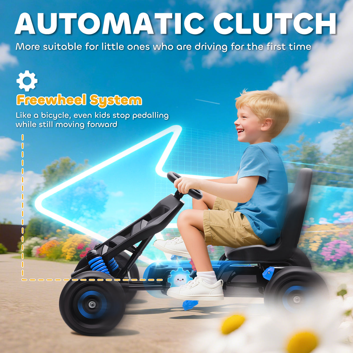 Kids Pedal Go Kart, Ride on Toy with Automatic Clutch, Brake, Non-Slip EVA Tires for Boys Girls 3-6 Years, Blue-Toys & Games > Baby & Toddler Toys > Riding & Rocking Toys > Pedal Go Karts for Kids-DECOROLALA