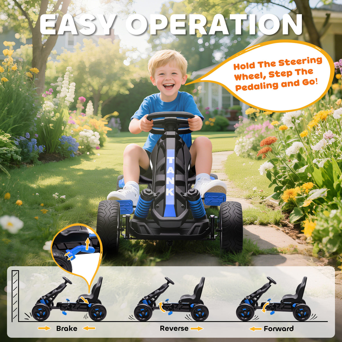 Kids Pedal Go Kart, Ride on Toy with Automatic Clutch, Brake, Non-Slip EVA Tires for Boys Girls 3-6 Years, Blue-Toys & Games > Baby & Toddler Toys > Riding & Rocking Toys > Pedal Go Karts for Kids-DECOROLALA