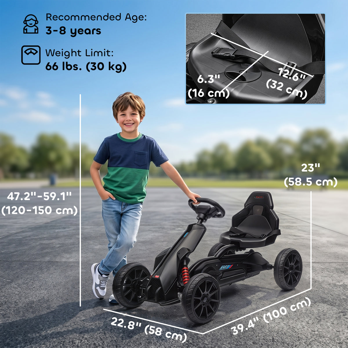 Pedal Go Kart with Adjustable Seat, Forward, Backward, Handbrake, Shock Absorption for 3-8 Years, Black-Toys & Games > Baby & Toddler Toys > Riding & Rocking Toys > Pedal Go Karts for Kids-DECOROLALA