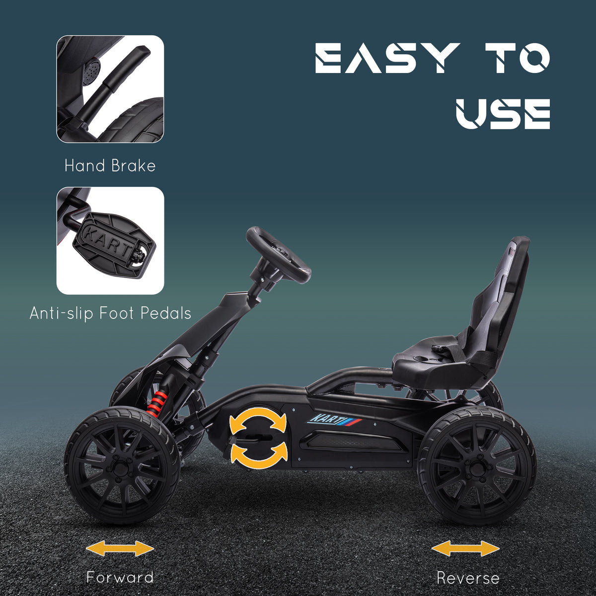 Pedal Go Kart with Adjustable Seat, Forward, Backward, Handbrake, Shock Absorption for 3-8 Years, Black-Toys & Games > Baby & Toddler Toys > Riding & Rocking Toys > Pedal Go Karts for Kids-DECOROLALA