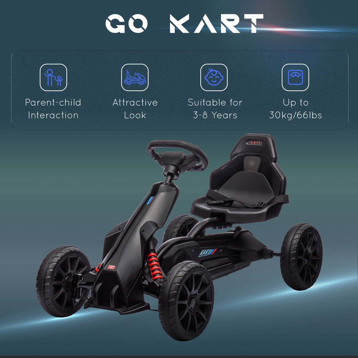 Pedal Go Kart with Adjustable Seat, Forward, Backward, Handbrake, Shock Absorption for 3-8 Years, Black-Toys & Games > Baby & Toddler Toys > Riding & Rocking Toys > Pedal Go Karts for Kids-DECOROLALA