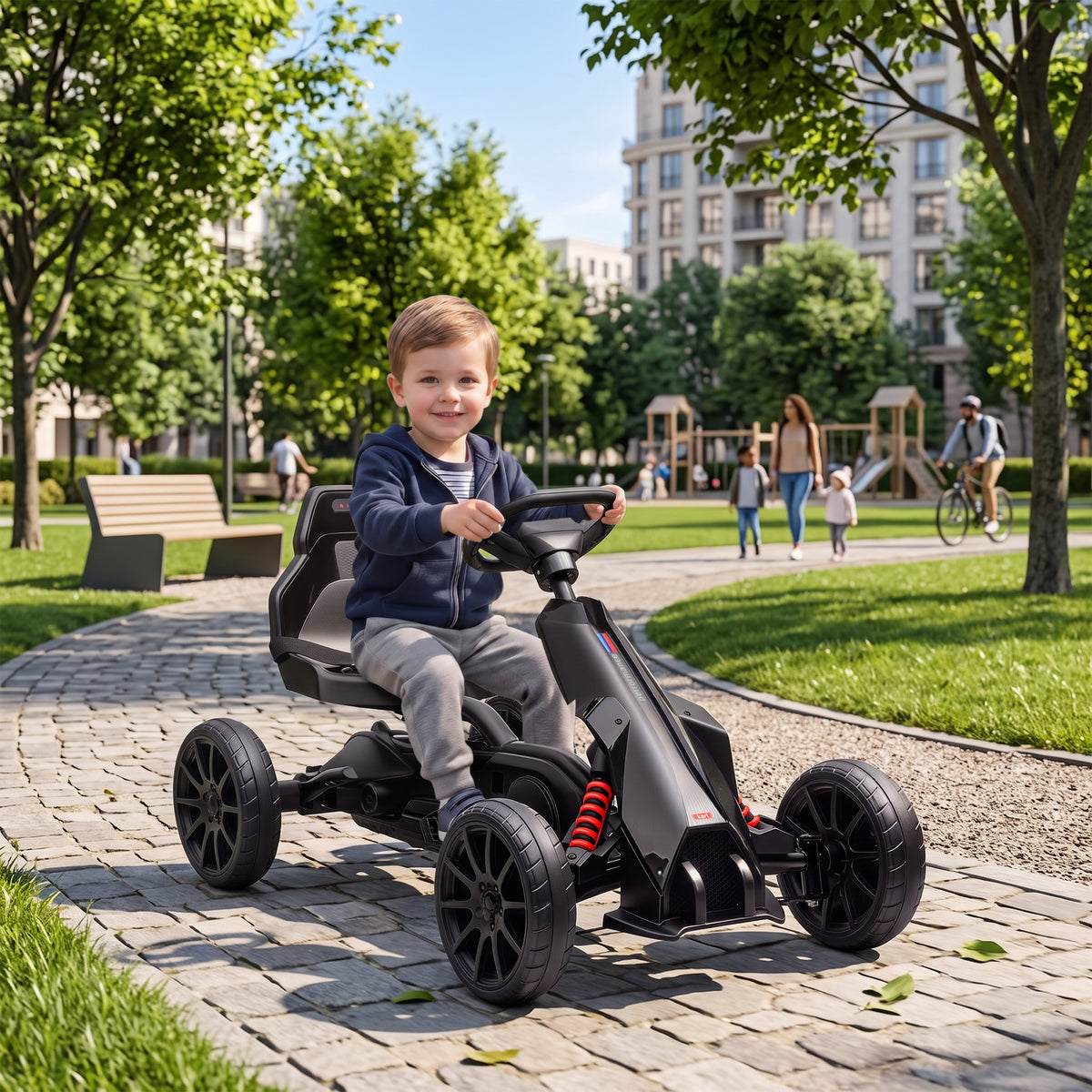 Pedal Go Kart with Adjustable Seat, Forward, Backward, Handbrake, Shock Absorption for 3-8 Years, Black-Toys & Games > Baby & Toddler Toys > Riding & Rocking Toys > Pedal Go Karts for Kids-DECOROLALA