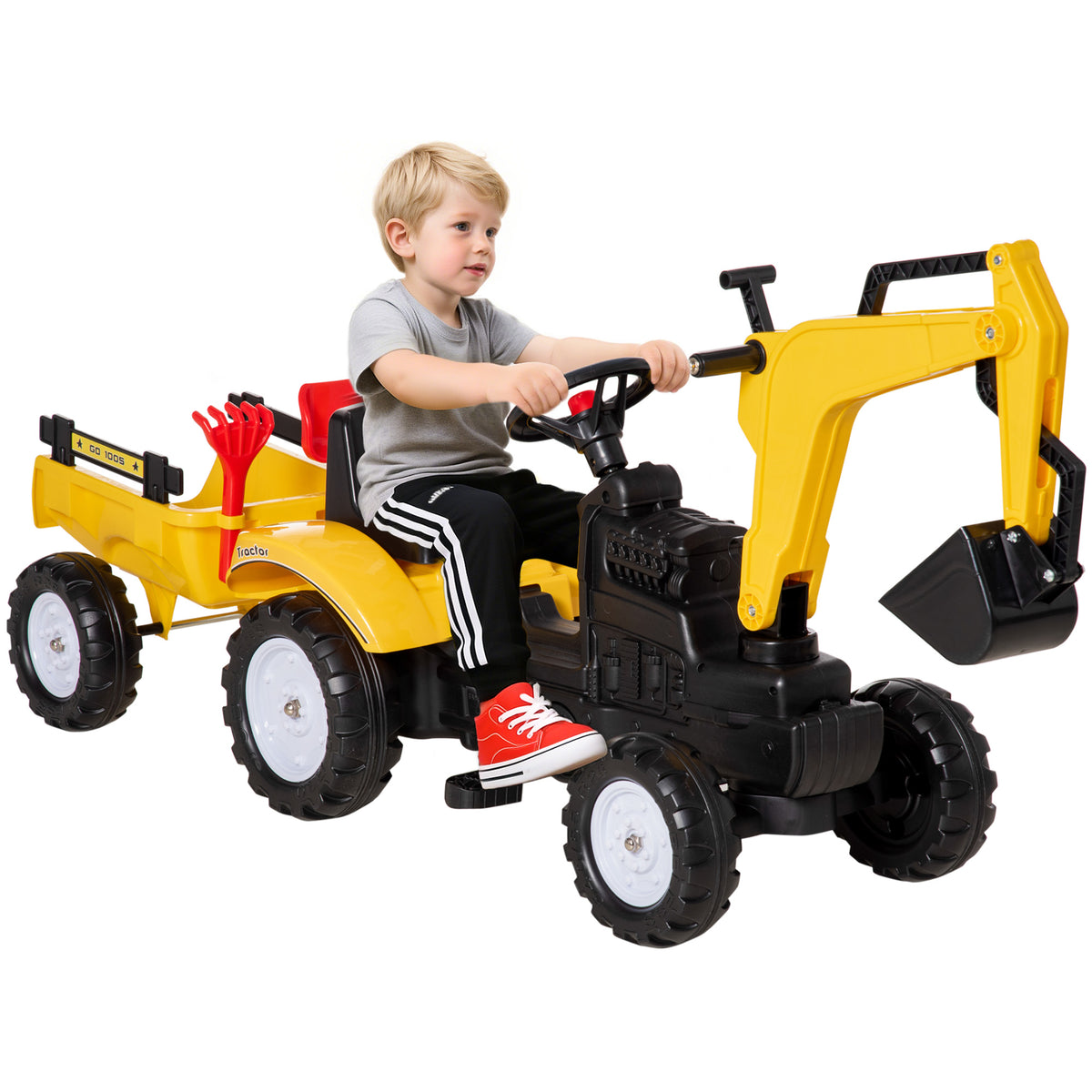 Ride on Tractor for Kids, Pedal Construction Car with Horn & Detachable Trailer for 3 Years Old, Yellow-Toys & Games > Baby & Toddler Toys > Riding & Rocking Toys > Toy Excavators-DECOROLALA