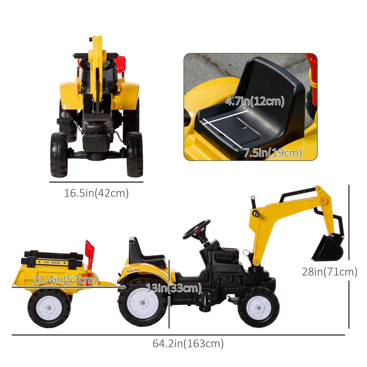 Ride on Tractor for Kids, Pedal Construction Car with Horn & Detachable Trailer for 3 Years Old, Yellow-Toys & Games > Baby & Toddler Toys > Riding & Rocking Toys > Toy Excavators-DECOROLALA