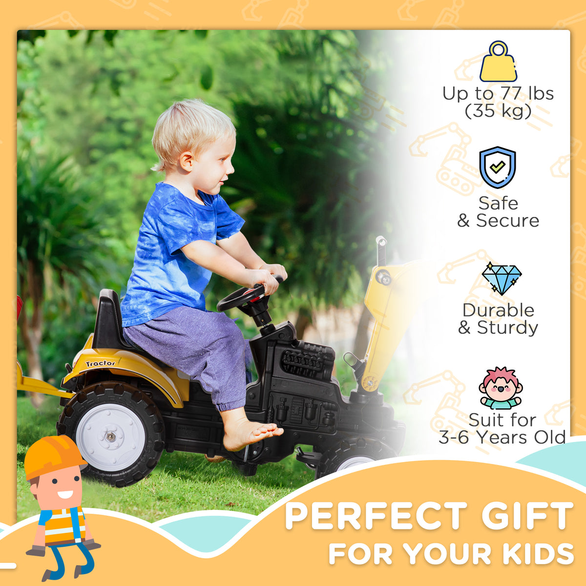 Ride on Tractor for Kids, Pedal Construction Car with Horn & Detachable Trailer for 3 Years Old, Yellow-Toys & Games > Baby & Toddler Toys > Riding & Rocking Toys > Toy Excavators-DECOROLALA
