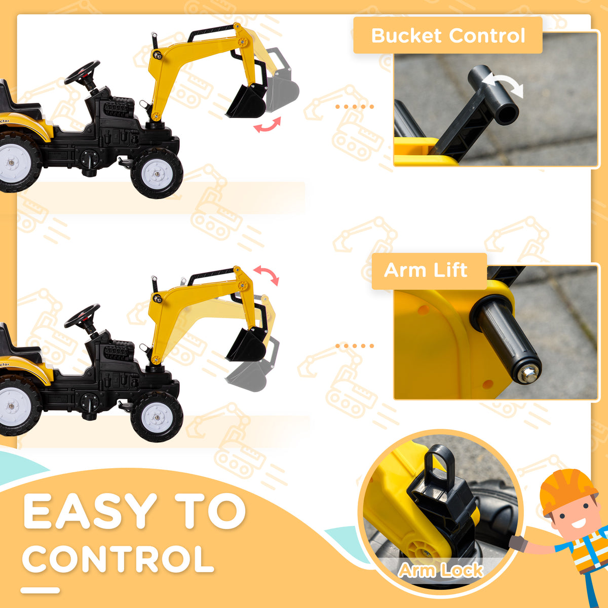 Ride on Tractor for Kids, Pedal Construction Car with Horn & Detachable Trailer for 3 Years Old, Yellow-Toys & Games > Baby & Toddler Toys > Riding & Rocking Toys > Toy Excavators-DECOROLALA