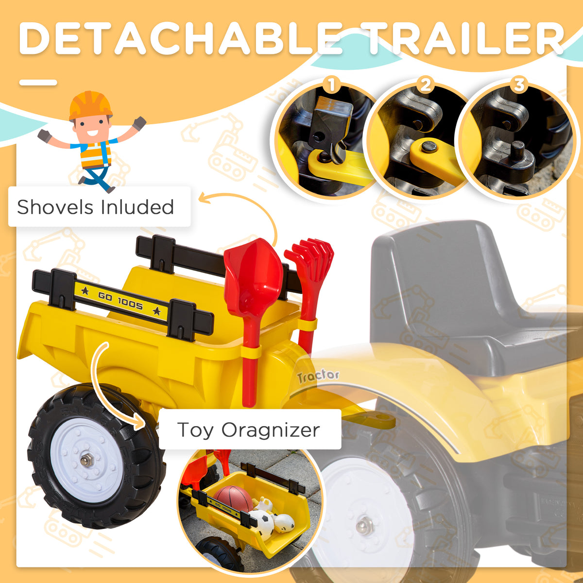 Ride on Tractor for Kids, Pedal Construction Car with Horn & Detachable Trailer for 3 Years Old, Yellow-Toys & Games > Baby & Toddler Toys > Riding & Rocking Toys > Toy Excavators-DECOROLALA