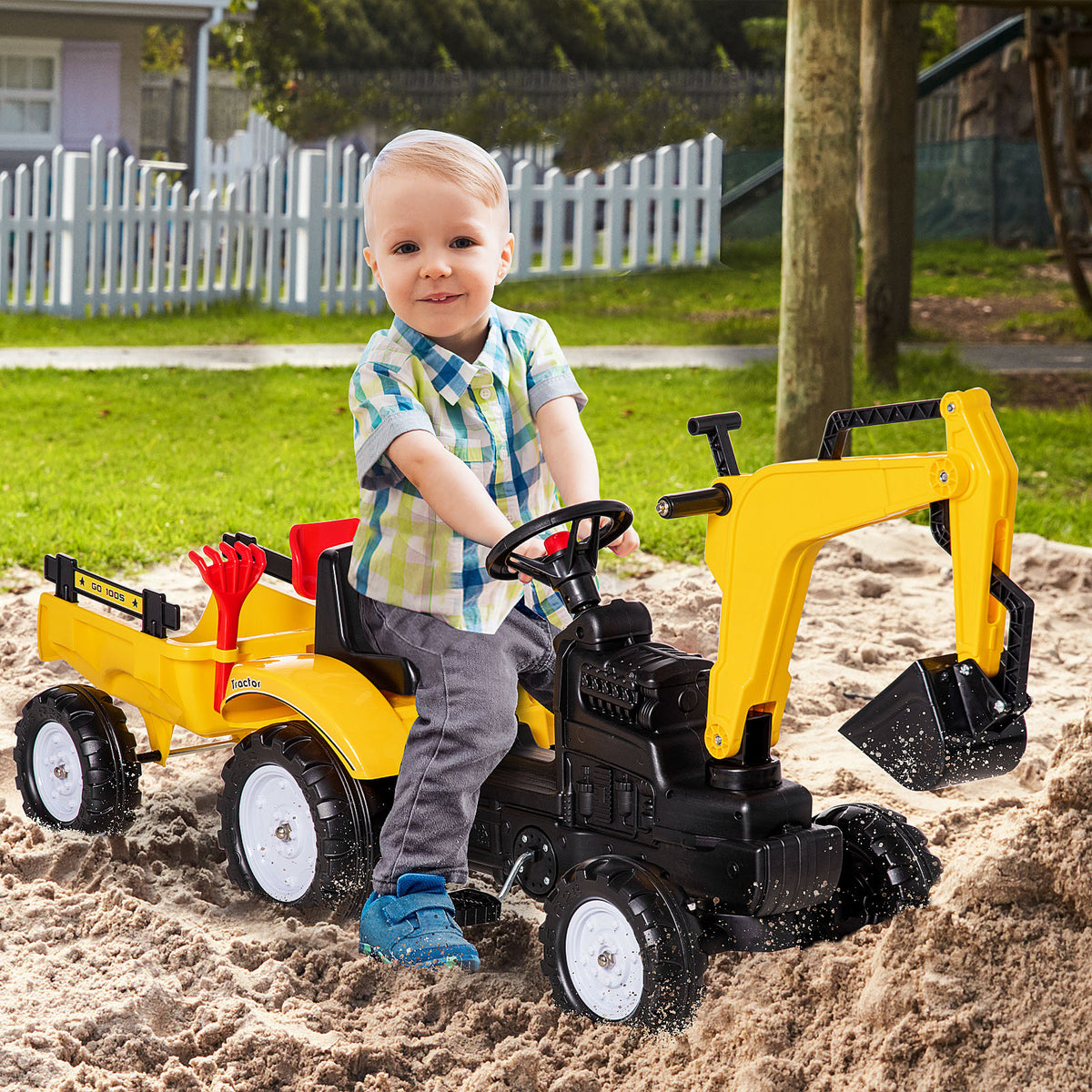 Ride on Tractor for Kids, Pedal Construction Car with Horn & Detachable Trailer for 3 Years Old, Yellow-Toys & Games > Baby & Toddler Toys > Riding & Rocking Toys > Toy Excavators-DECOROLALA