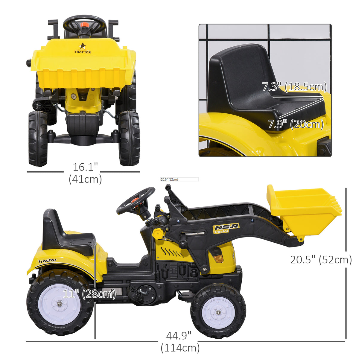 Ride on Tractor for Kids, Pedal Construction Car with Front Loader Digger for 3 Years Old, Yellow-Toys & Games > Baby & Toddler Toys > Riding & Rocking Toys > Toy Excavators-DECOROLALA