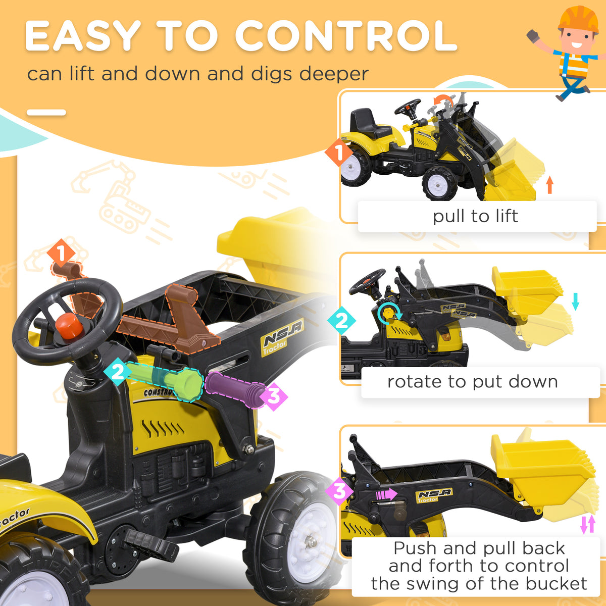 Ride on Tractor for Kids, Pedal Construction Car with Front Loader Digger for 3 Years Old, Yellow-Toys & Games > Baby & Toddler Toys > Riding & Rocking Toys > Toy Excavators-DECOROLALA