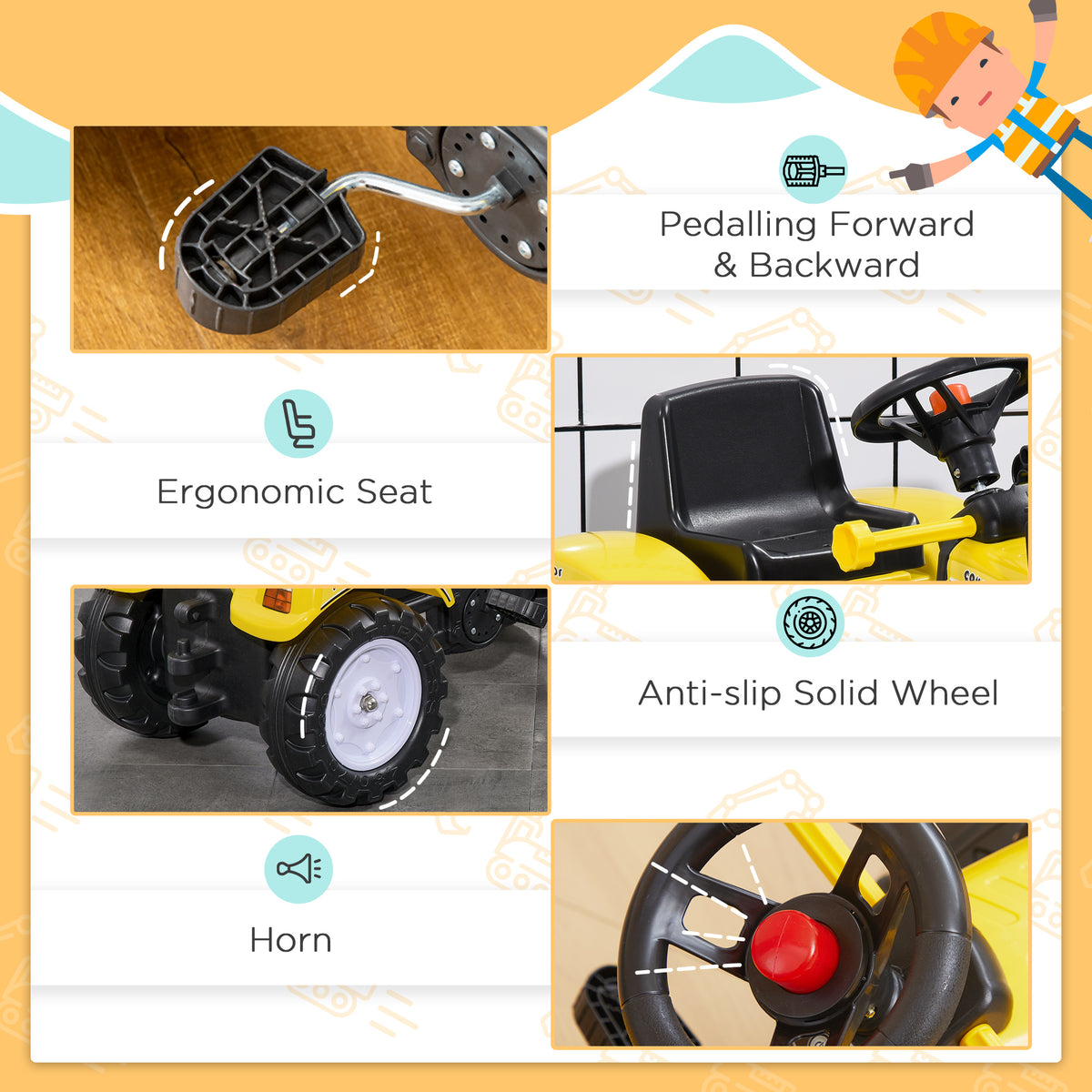 Ride on Tractor for Kids, Pedal Construction Car with Front Loader Digger for 3 Years Old, Yellow-Toys & Games > Baby & Toddler Toys > Riding & Rocking Toys > Toy Excavators-DECOROLALA