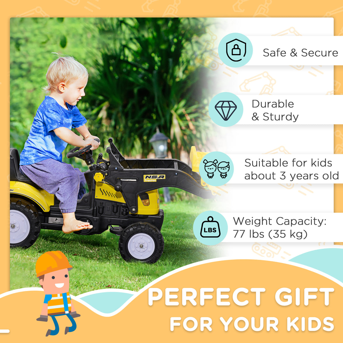 Ride on Tractor for Kids, Pedal Construction Car with Front Loader Digger for 3 Years Old, Yellow-Toys & Games > Baby & Toddler Toys > Riding & Rocking Toys > Toy Excavators-DECOROLALA